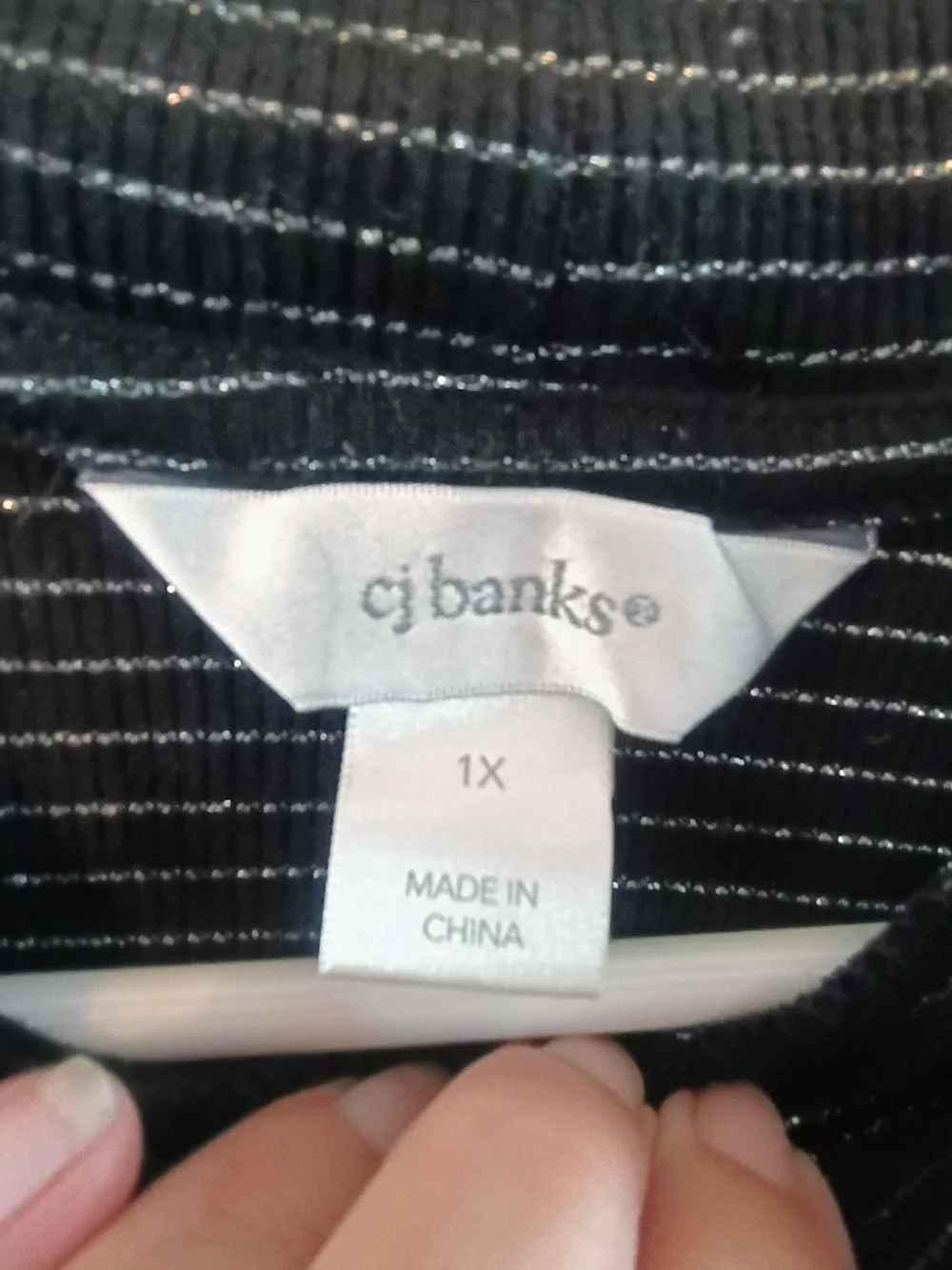 CJ Banks 1X Black Silver Metallic Stripe Mock Neck Long Sleeve Knit Tunic Top